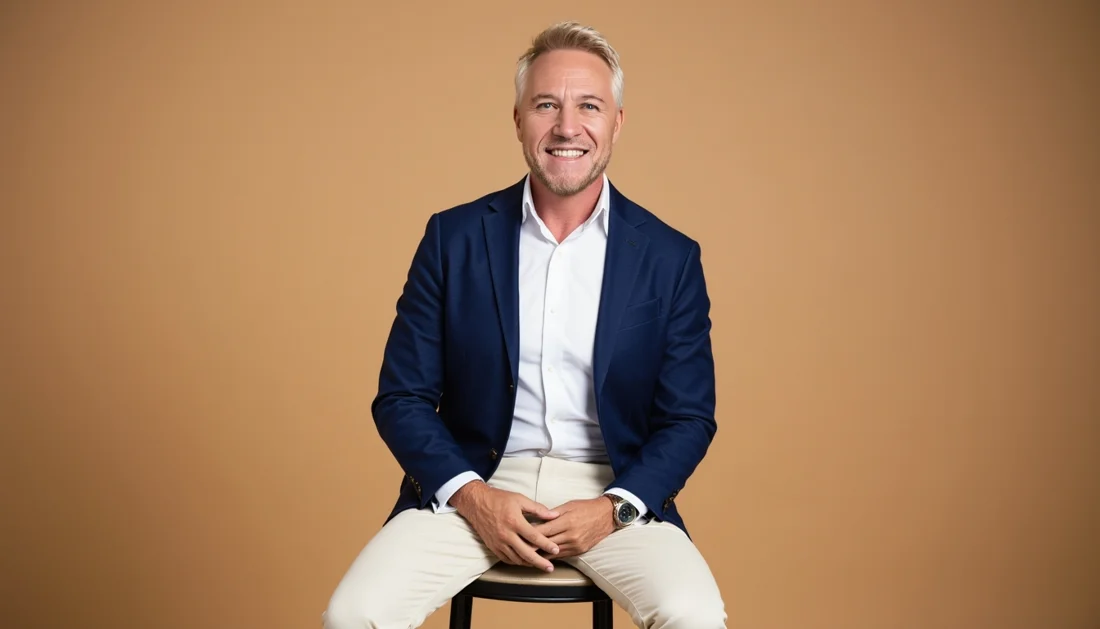 Darren Argyle seated against a warm bronze background